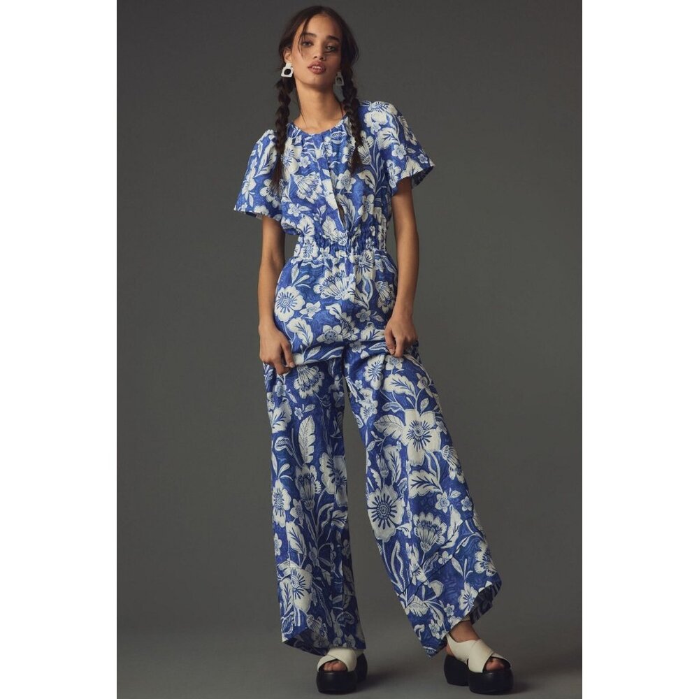 NWT Anthropologie The Somerset Jumpsuit in Blue Floral Linen One-Piece S